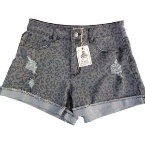 Easel Black Leopard Animal Print Distressed Denim Jean Shorts Stretch Cuffed M